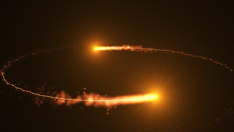 two golden sparks circling through dark space